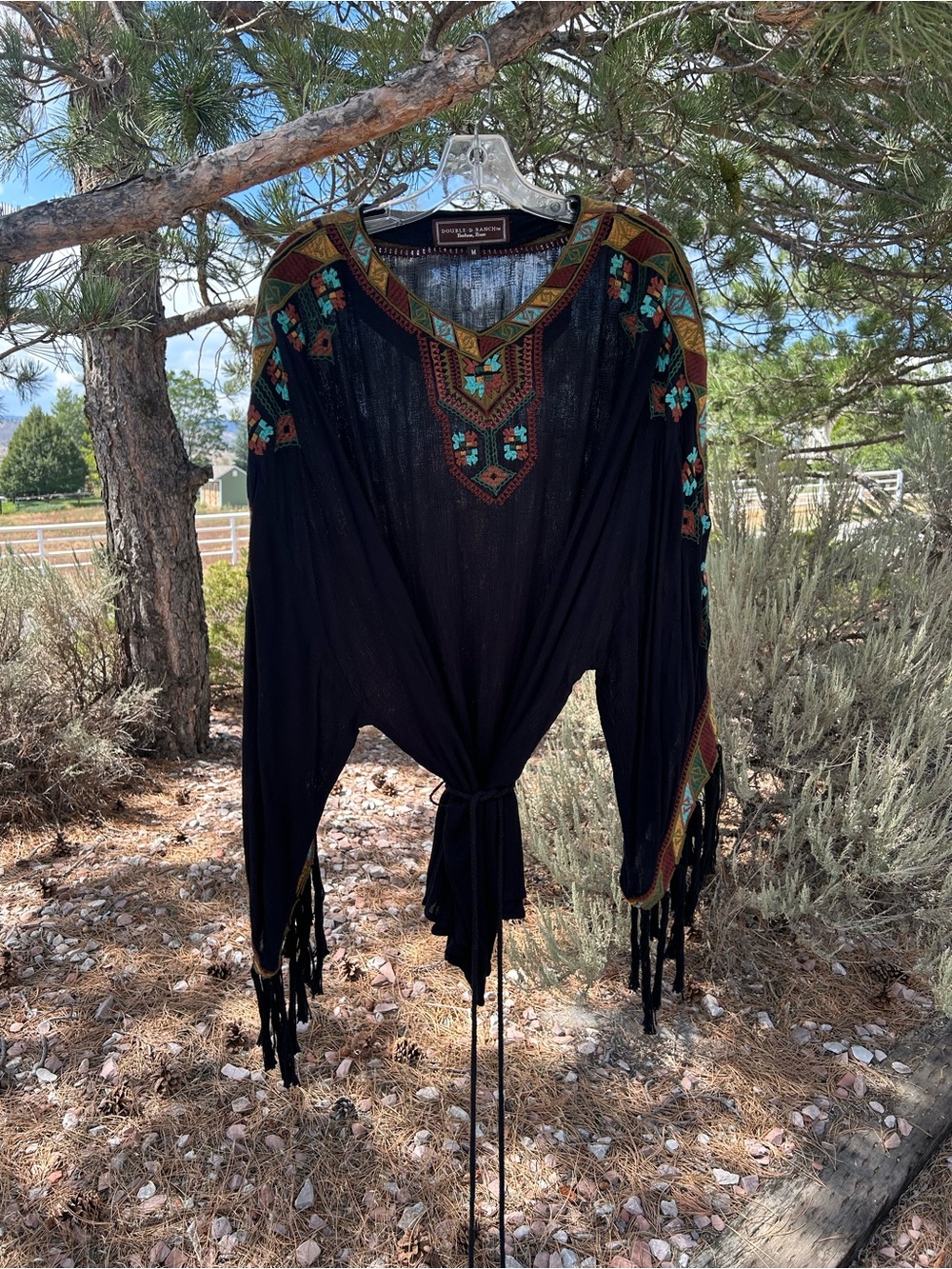 Double D Ranch Black Fringe Tie-Front Tunic with Multicolor Embroidery